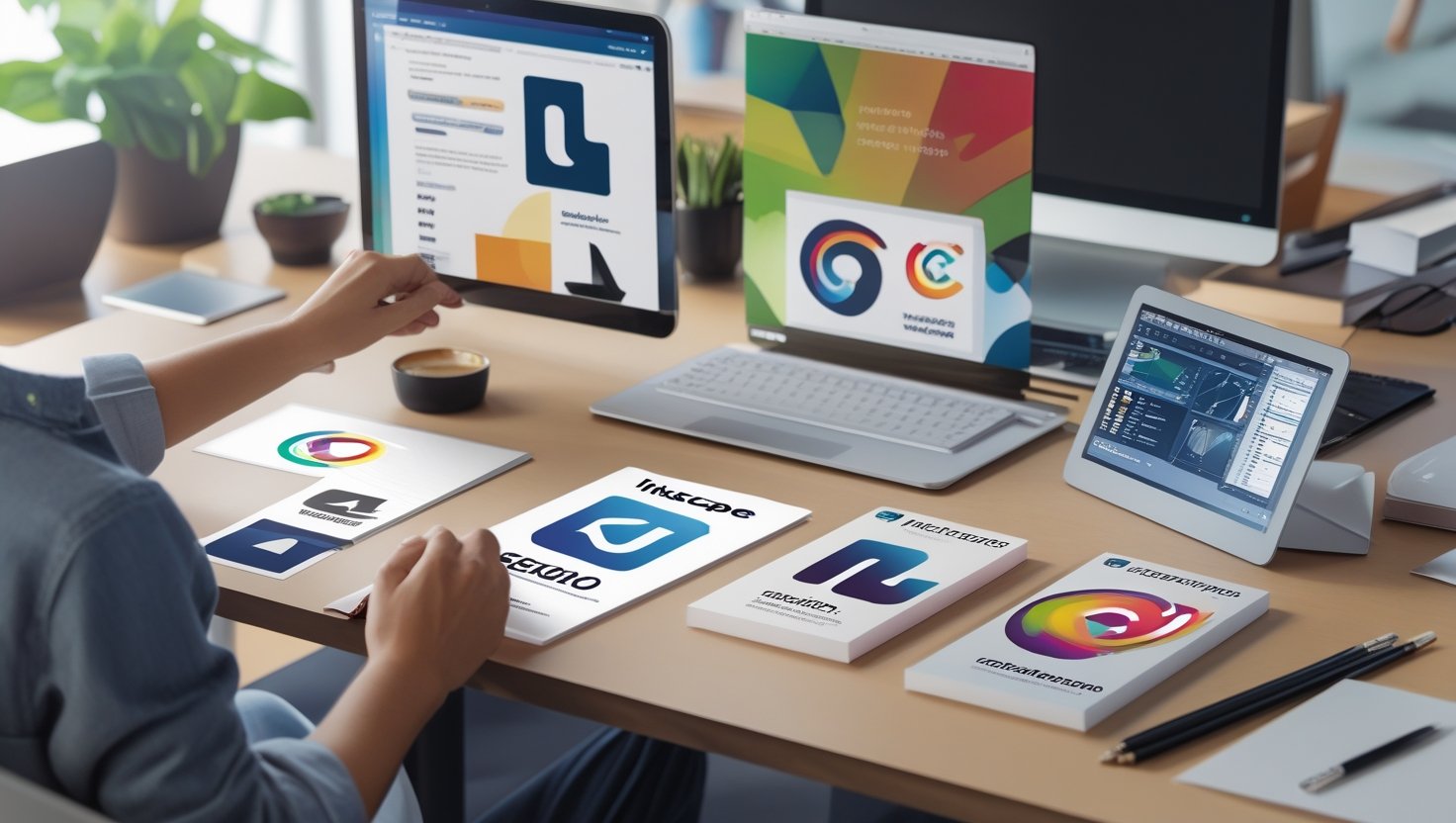 Representação visual do processo de design de logotipo com esboços e ferramentas digitais.