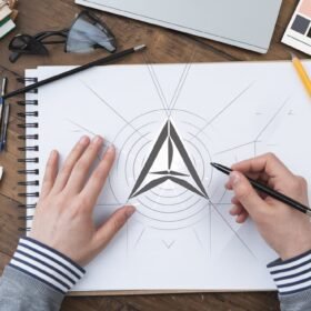 Representação visual do processo de design de logotipo com esboços e ferramentas digitais.
