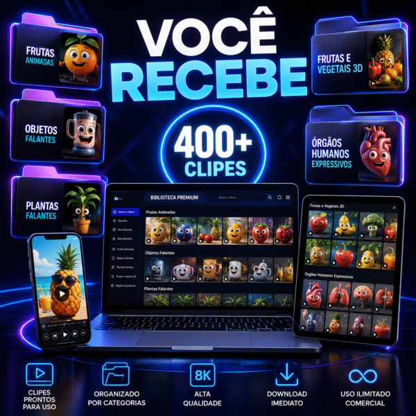 Pack Vídeos Animados IA — Histórias de Frutas, Objetos Falantes e Organismo 3D (400+ Clipes Premium)