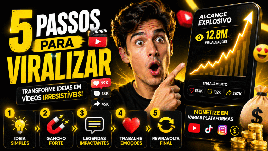 Thumbnail profissional sobre como criar vídeos virais em redes sociais utilizando ideias simples, ganchos fortes, emoções, legendas impactantes e estratégias de monetização digital.