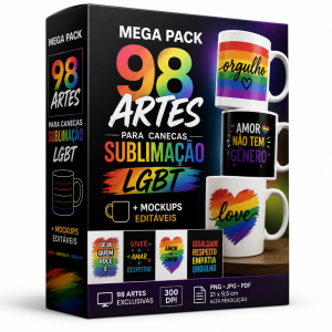 Aumente seu faturamento em sublimação com o Mega Pack 98 Artes Para Canecas LGBT. Arquivos em alta resolução (300 DPI) prontos para impressão e mockups profissionais inclusos.