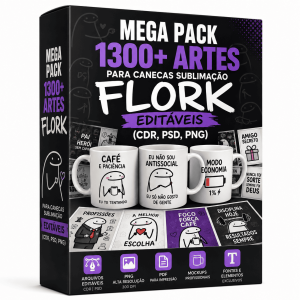 Acelere a produção da sua estamparia com o Mega Pack 1300+ Artes Flork para Canecas. Arquivos prontos em CDR, PSD e PNG com mockups inclusos. Baixe agora!