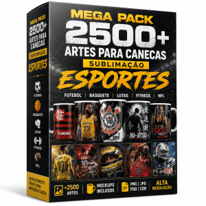 Escale suas vendas de canecas personalizadas com o Mega Pack 2500+ Artes de Sublimação tema Esportes. Times Brasileirão, Basquete, NFL, Lutas, Fitness e Mockups prontos.