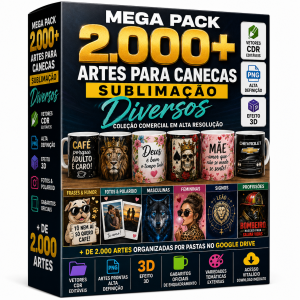 Acelere a produção da sua estamparia com o Mega Pack 2.000+ Artes para Canecas. Arquivos prontos em PNG, vetores CDR editáveis, efeito 3D e gabaritos. Baixe hoje!